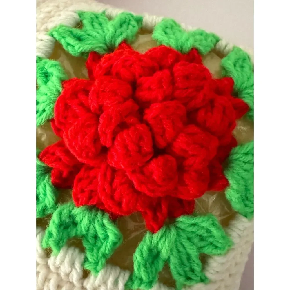 Handmade Crochet 3D Red Roses Floral Decor Pillow Christmas Holiday Vintage